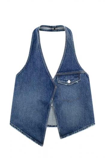 sexy non-stretch solid color halter neck backless slit denim vest size run small