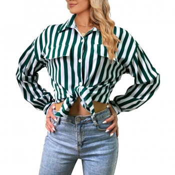 casual plus size stripe printing non-stretch single-breasted pocket blouse