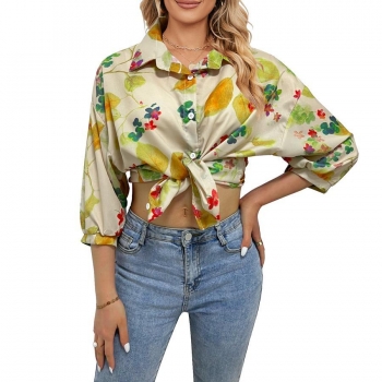 stylish plus size non-stretch leaf & floral printing single-breasted blouse