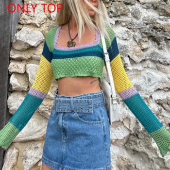 sexy slight stretch cut out contrast knitted square-neck crop sweater(only top)