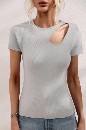 stylish slight stretch thin knitted 3 colors hollow short sleeve top(only top)