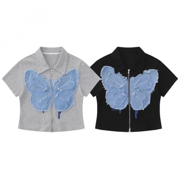 stylish slight stretch zip-up butterfly patchwork top