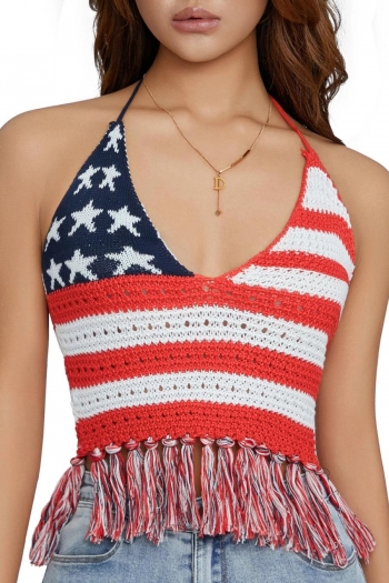 american flag knitted sexy slight stretch halter-neck tassel vest