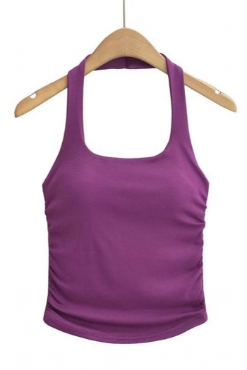 exquisite slight stretch solid color halter-neck padded tank top(size run small)