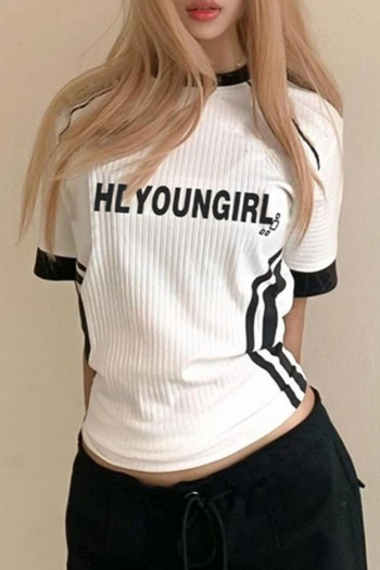 casual slight stretch letter printing color-block all-match t-shirt