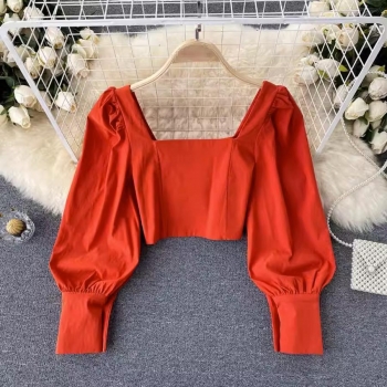 stylish 12 colors non-stretch square neckline puff sleeve crop blouse