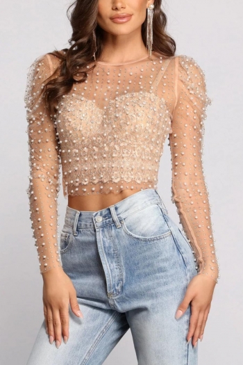 sexy slight stretch mesh pearl rhinestone puff sleeves top(only mesh top)