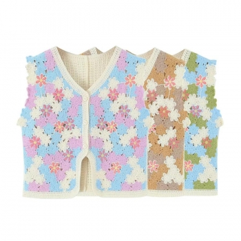 exquisite slight stretch knit flowers button cardigan cropped vest