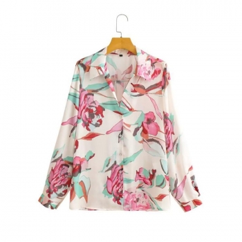 casual non-stretch satin floral printing single-breasted blouse