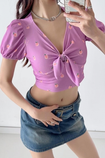 exquisite slight stretch peach printing v-neck bow crop top(size run small)
