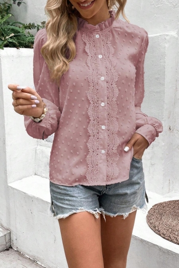 casual non-stretch solid color button lace trim blouses