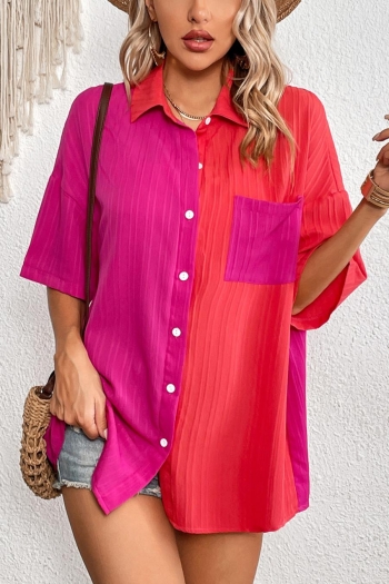 casual non-stretch contrast color lapel button blouses