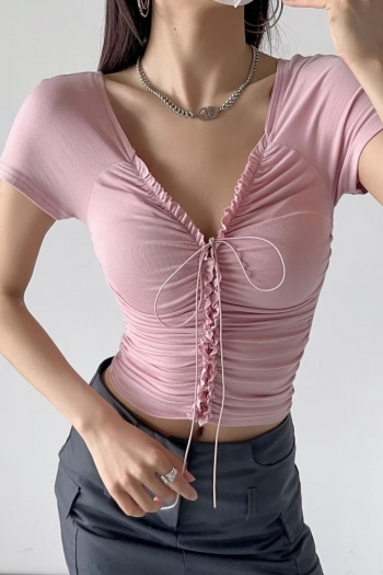 sexy slight stretch slim v-neck pleated lace-up top size run small