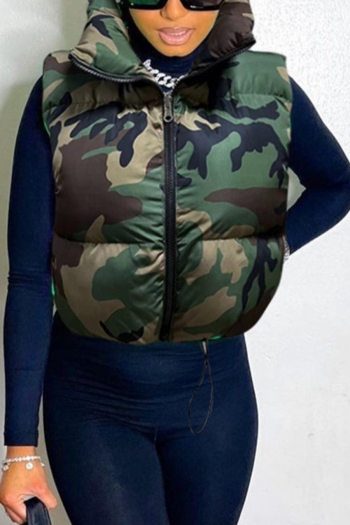 high street non-stretch camo printing stand collar zip-up drawstring puffer vest