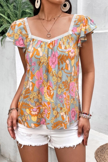 casual non-stretch floral batch printing v-neck t-shirts