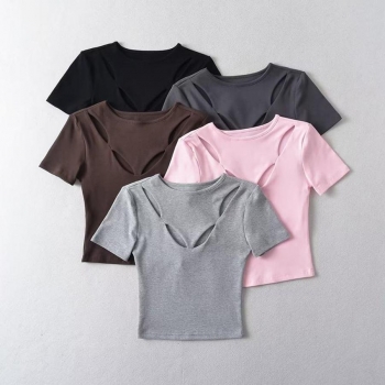 sexy slight stretch 5 colors cut out short sleeve crop top(size run small)