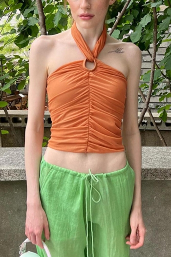sexy high stretch mesh orange halter-neck hollow ruched crop vest