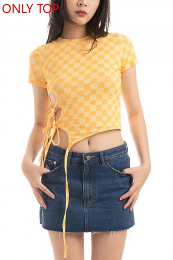 sexy slight stretch lattice printing hollow lace-up all-match crop top(only top)