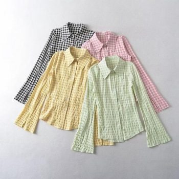 casual non-stretch plaid print button pleated bell-sleeve shirt size run small