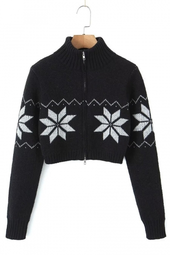 stylish slight stretch knitted snowflake zip-up cardigan sweater size run small