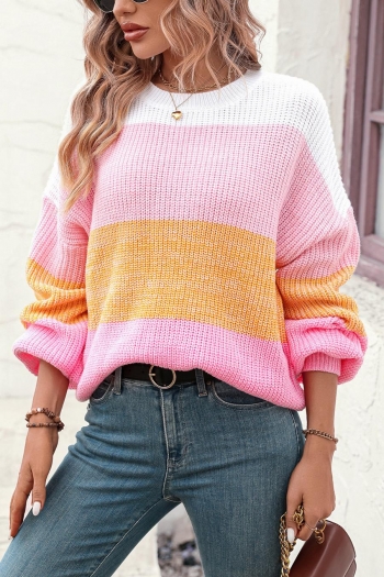 casual slight stretch contrast color knitted 3 colors lantern sleeve sweater