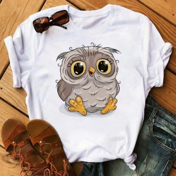 casual plus size slight stretch cartoon owl printing t-shirt#19