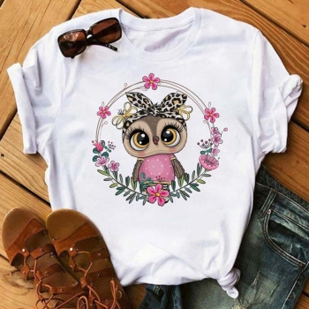 casual plus size slight stretch cartoon owl printing t-shirt#26