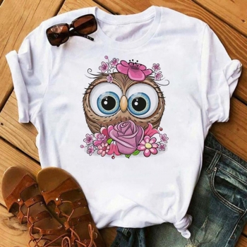 casual plus size slight stretch cartoon owl printing t-shirt#27