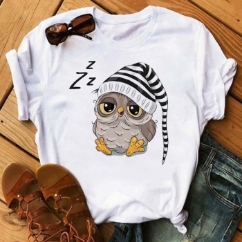 casual plus size slight stretch cartoon owl printing t-shirt#30