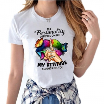 casual plus size slight stretch butterfly lips letter print short sleeve t-shirt