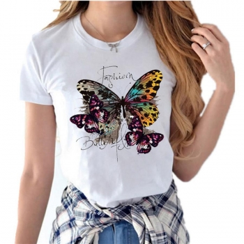 casual plus size slight stretch butterfly letter print short sleeve t-shirt#1