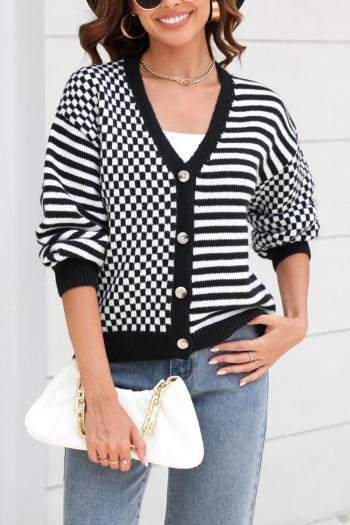 casual slight stretch stripe lattice knitted v-neck single-breasted sweater