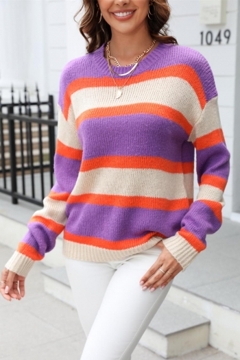 casual slight stretch contrast color stripe knitted 2 colors all-match sweater