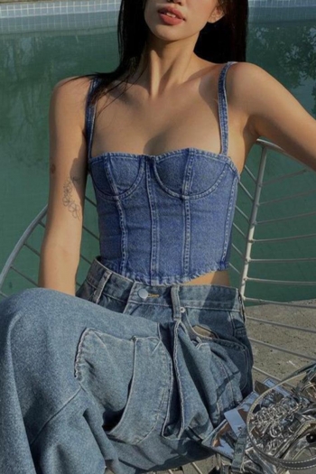 sexy non-stretch slim sling zip-up crop denim vest