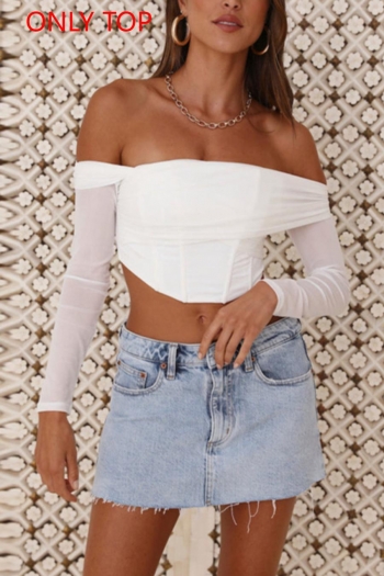 xs-l sexy slight stretch mesh spliced off shoulder with boned crop top(only top)