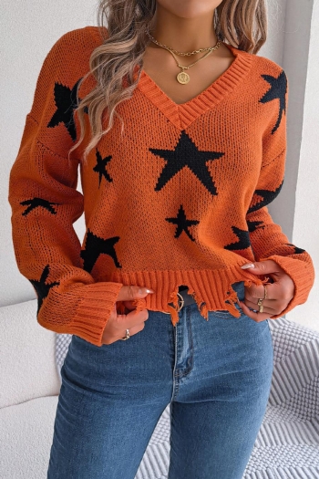stylish slight stretch pentagram graphic knitted raw hem all-match sweater