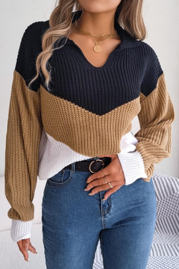 casual slight stretch contrast color knitted 3 colors long sleeve sweater
