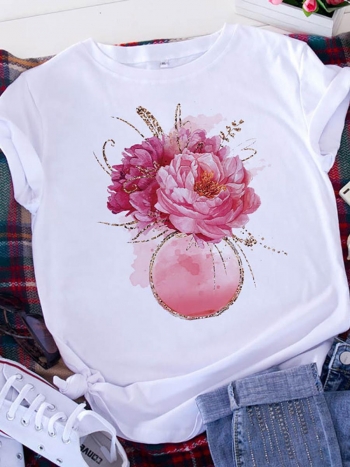 casual plus size slight stretch flower print round neck short sleeve t-shirt