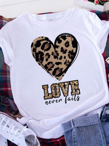casual plus size slight stretch leopard heart letter print short sleeve t-shirt