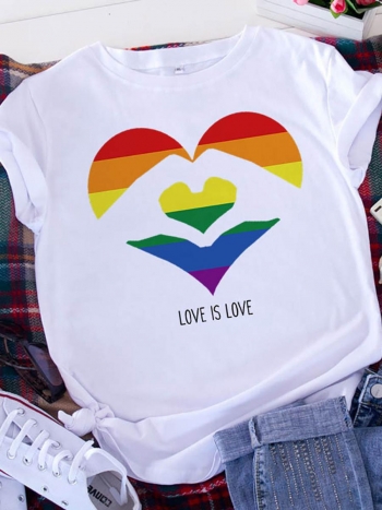 casual plus size slight stretch rainbow heart print short sleeve t-shirt