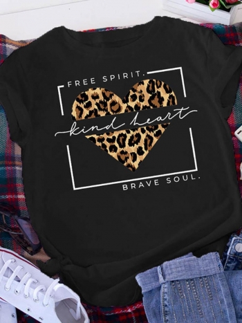 casual plus size slight stretch letter leopard heart print round neck t-shirt#1