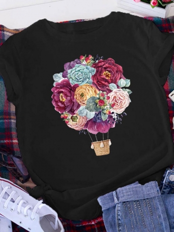 casual plus size slight stretch flower hanging basket short sleeve t-shirt#1