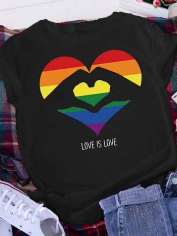 casual plus size slight stretch rainbow heart print short sleeve t-shirt#1