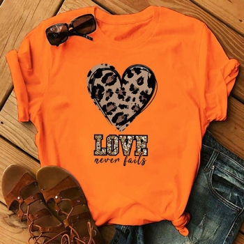 casual plus size slight stretch leopard heart letter short sleeve t-shirt#1