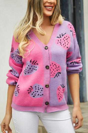casual slight stretch strawberry graphic knitted v-neck single-breasted sweater