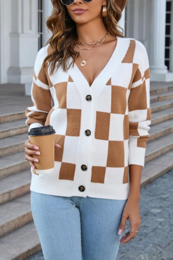casual slight stretch checkered knitted 2 colors v-neck all-match sweater