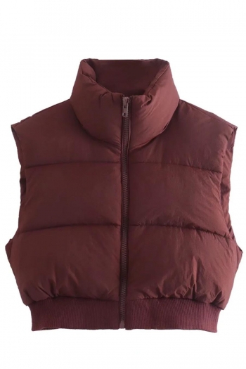 stylish non-stretch zip-up high collar warm crop vest