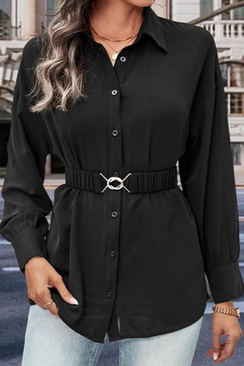 casual non-stretch solid color single-breasted belt long-sleeved shirt