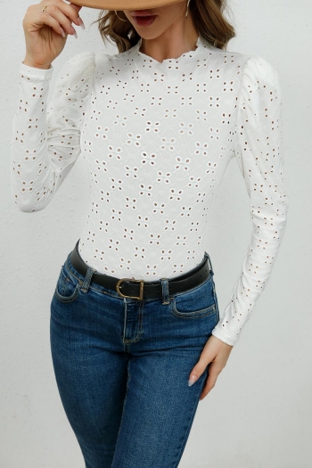 exquisite plus size slight stretch special fabric long sleeve hollow top