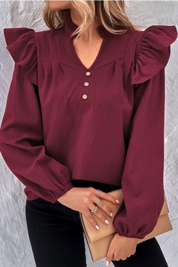 casual non-stretch solid color ruffled v-neck long-sleeved shirt